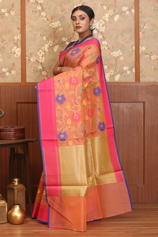 Sunset Pink Supernet Patola Banarasi With Multicolour Weaves