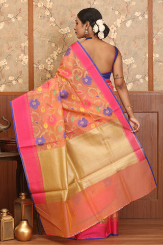 Sunset Pink Supernet Patola Banarasi With Multicolour Weaves