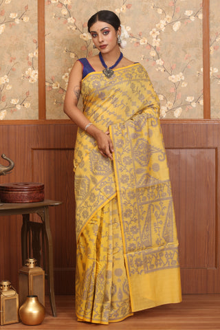 Yellow Mercerised Cotton Banarasi With Jamdani Inspired Weaves