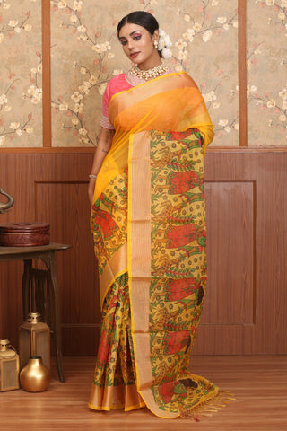 Yellow Supernet Banarasi With Folk Inspired Printed Border