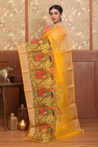 Yellow Supernet Banarasi With Folk Inspired Printed Border
