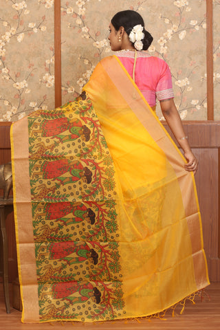 Yellow Supernet Banarasi With Folk Inspired Printed Border
