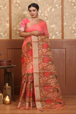 Sunset Pink Supernet Banarasi With Folk Inspired Printed Border