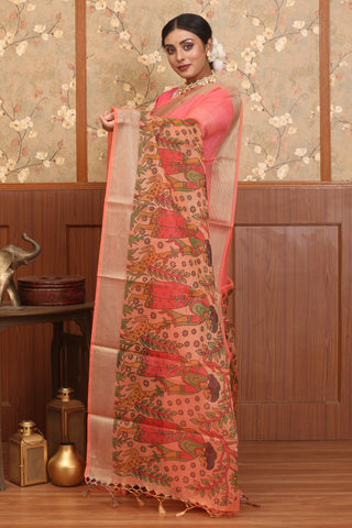 Sunset Pink Supernet Banarasi With Folk Inspired Printed Border