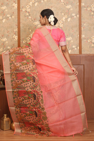 Sunset Pink Supernet Banarasi With Folk Inspired Printed Border