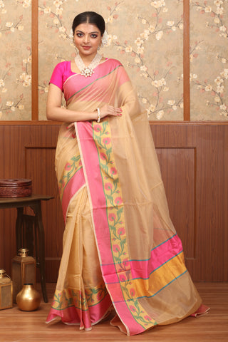 Sandal-Fuchsia Mercerised Cotton Banarasi With Floral Border