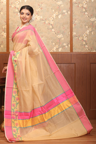 Sandal-Fuchsia Mercerised Cotton Banarasi With Floral Border