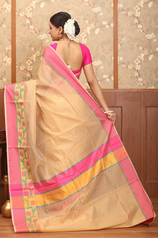 Sandal-Fuchsia Mercerised Cotton Banarasi With Floral Border