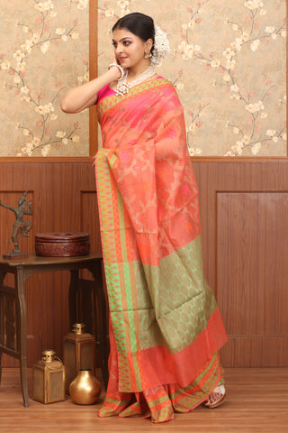 Dark Peach-Pistachio Green Supernet Banarasi
