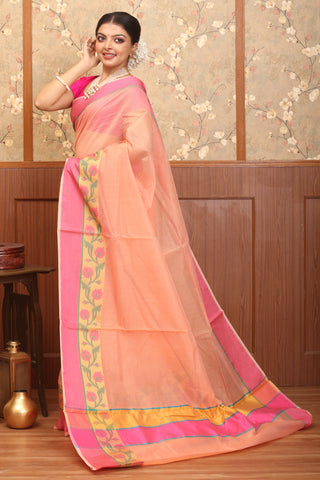 Peach-Fuchsia Mercerised Cotton Banarasi With Floral Border