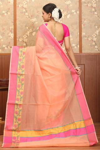 Peach-Fuchsia Mercerised Cotton Banarasi With Floral Border