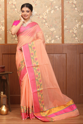 Peach-Fuchsia Mercerised Cotton Banarasi With Floral Border