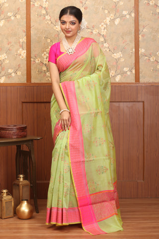 Pistachio Green-Fuchsia Supernet Banarasi With Multicolour Butas