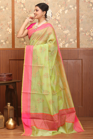Pistachio Green-Fuchsia Supernet Banarasi With Multicolour Butas