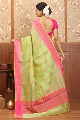 Pistachio Green-Fuchsia Supernet Banarasi With Multicolour Butas