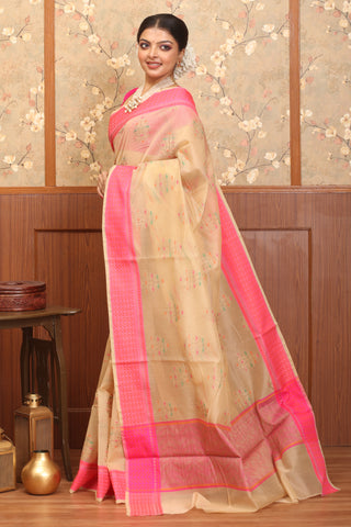 Sandal-Fuchsia Supernet Banarasi With Multicolour Butas