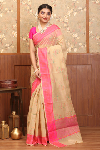 Sandal-Fuchsia Supernet Banarasi With Multicolour Butas