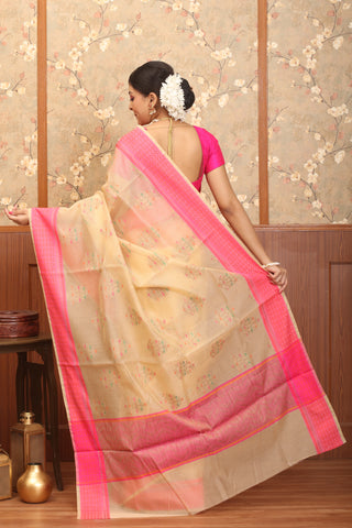 Sandal-Fuchsia Supernet Banarasi With Multicolour Butas