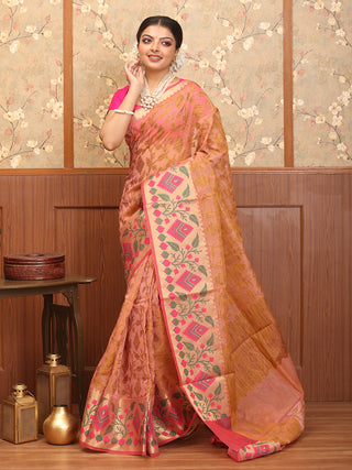 Pink Supernet Banarasi With Jamdani Inspired Weaves And Moonga Paithani Border
