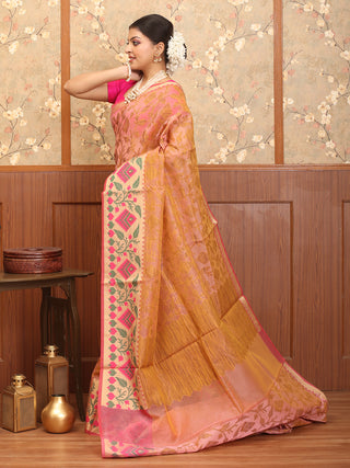 Pink Supernet Banarasi With Jamdani Inspired Weaves And Moonga Paithani Border