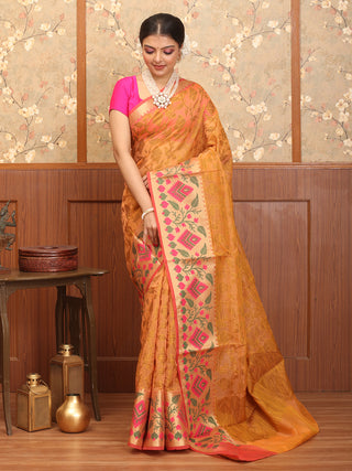 Peach Supernet Banarasi With Jamdani Inspired Weaves And Moonga Paithani Border