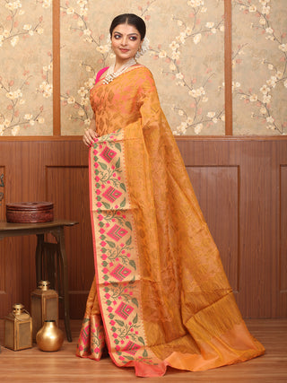 Peach Supernet Banarasi With Jamdani Inspired Weaves And Moonga Paithani Border