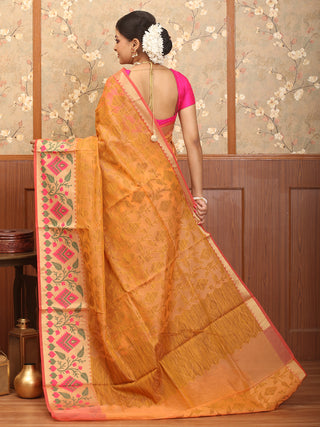 Peach Supernet Banarasi With Jamdani Inspired Weaves And Moonga Paithani Border