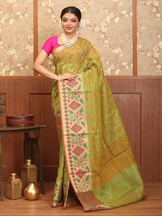 Pistachio Green Supernet Banarasi With Jamdani Inspired Weaves And Moonga Paithani Border