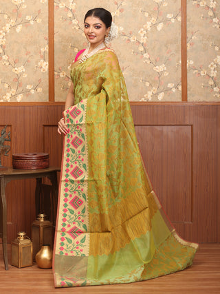 Pistachio Green Supernet Banarasi With Jamdani Inspired Weaves And Moonga Paithani Border