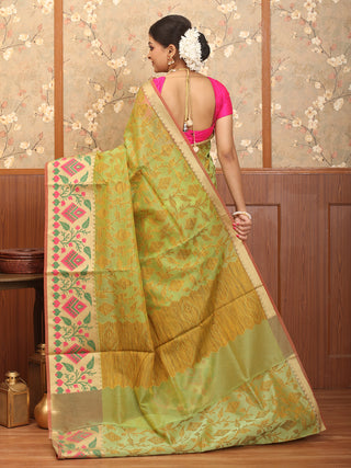 Pistachio Green Supernet Banarasi With Jamdani Inspired Weaves And Moonga Paithani Border