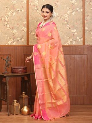 Peach-Fuchsia Mercerised Cotton Banarasi With Golden Butas