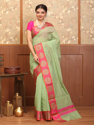 Pistachio Green-Fuchsia Checkered Mercerised Cotton Banarasi