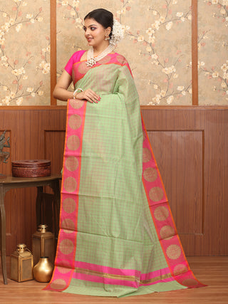 Pistachio Green-Fuchsia Checkered Mercerised Cotton Banarasi