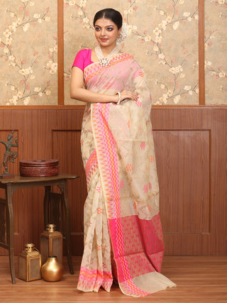 Light Beige Supernet Banarasi With Multicolour Weaves