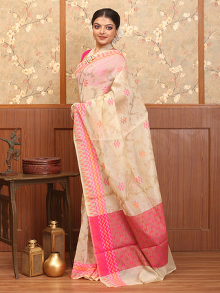 Light Beige Supernet Banarasi With Multicolour Weaves