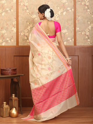 Light Beige Supernet Banarasi With Multicolour Weaves