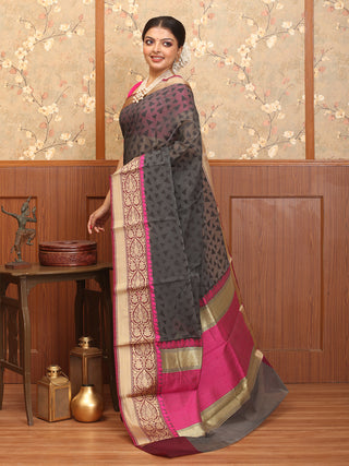 Grey-Magenta Mercerised Cotton Banarasi With Grand Border