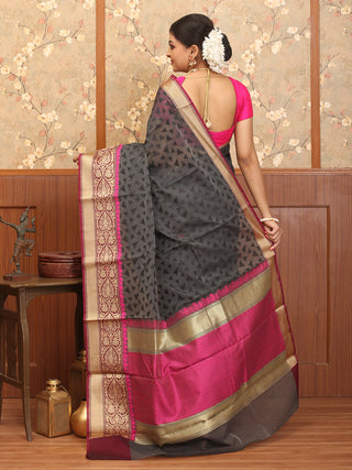 Grey-Magenta Mercerised Cotton Banarasi With Grand Border