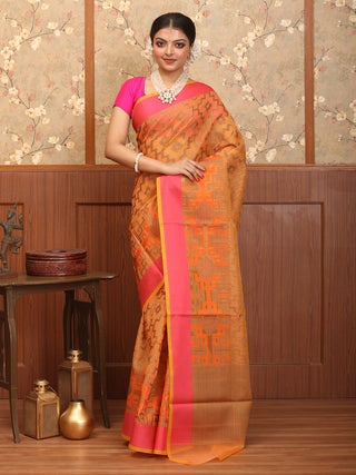 Orange-Fuchsia Supernet Banarasi With Patola Inspired Weaves