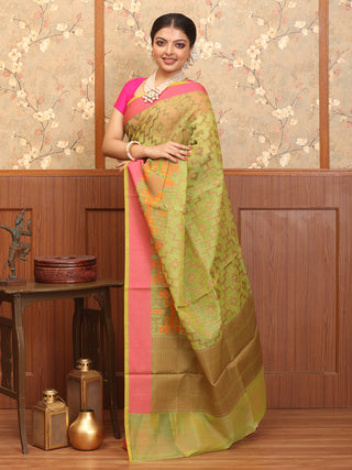 Green-Fuchsia Supernet Banarasi With Patola Inspired Weaves