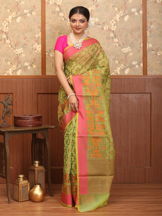 Green-Fuchsia Supernet Banarasi With Patola Inspired Weaves