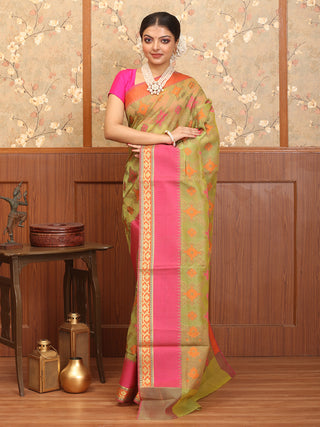 Green Body Orange-Fuchsia Border Supernet Banarasi With Patola Inspired Weaves
