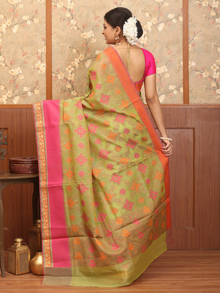 Green Body Orange-Fuchsia Border Supernet Banarasi With Patola Inspired Weaves