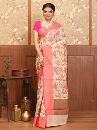Cream Mercerised Cotton Banarasi With Floral Jaal