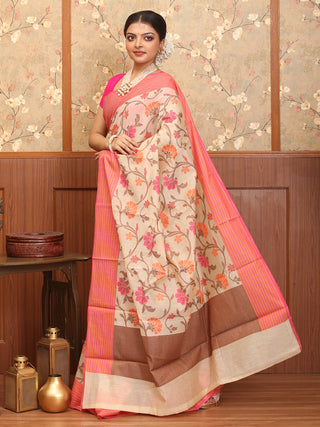 Cream Mercerised Cotton Banarasi With Floral Jaal