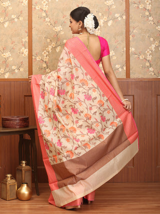 Cream Mercerised Cotton Banarasi With Floral Jaal