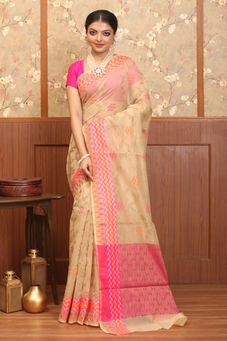Sandal Colour Supernet Banarasi With Jamdani Inspired Weaves