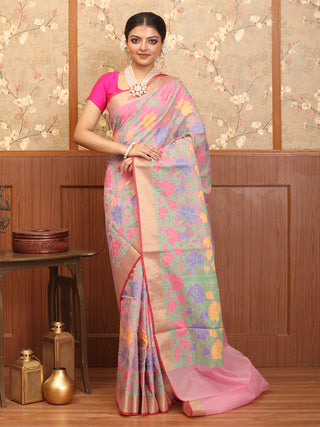 Pink Supernet Patola Banarasi With Multicolour Weaves