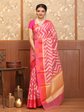 Pink Mercerised Cotton Banarasi With Geometric And Chevron Patterns