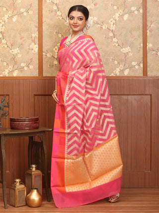 Pink Mercerised Cotton Banarasi With Geometric And Chevron Patterns
